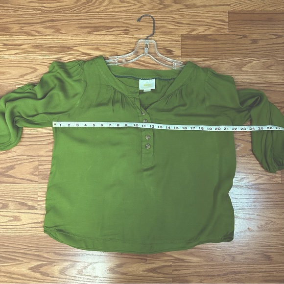 Anthropologie Maeve Kalas Henley Olive Green 3/4 Sleeve Round Neck Blouse SZ M - Picture 12 of 16
